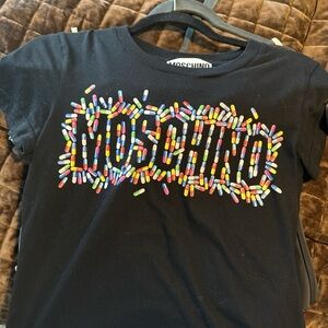 Moschino Black Tee with Multicolored Pill Graphic